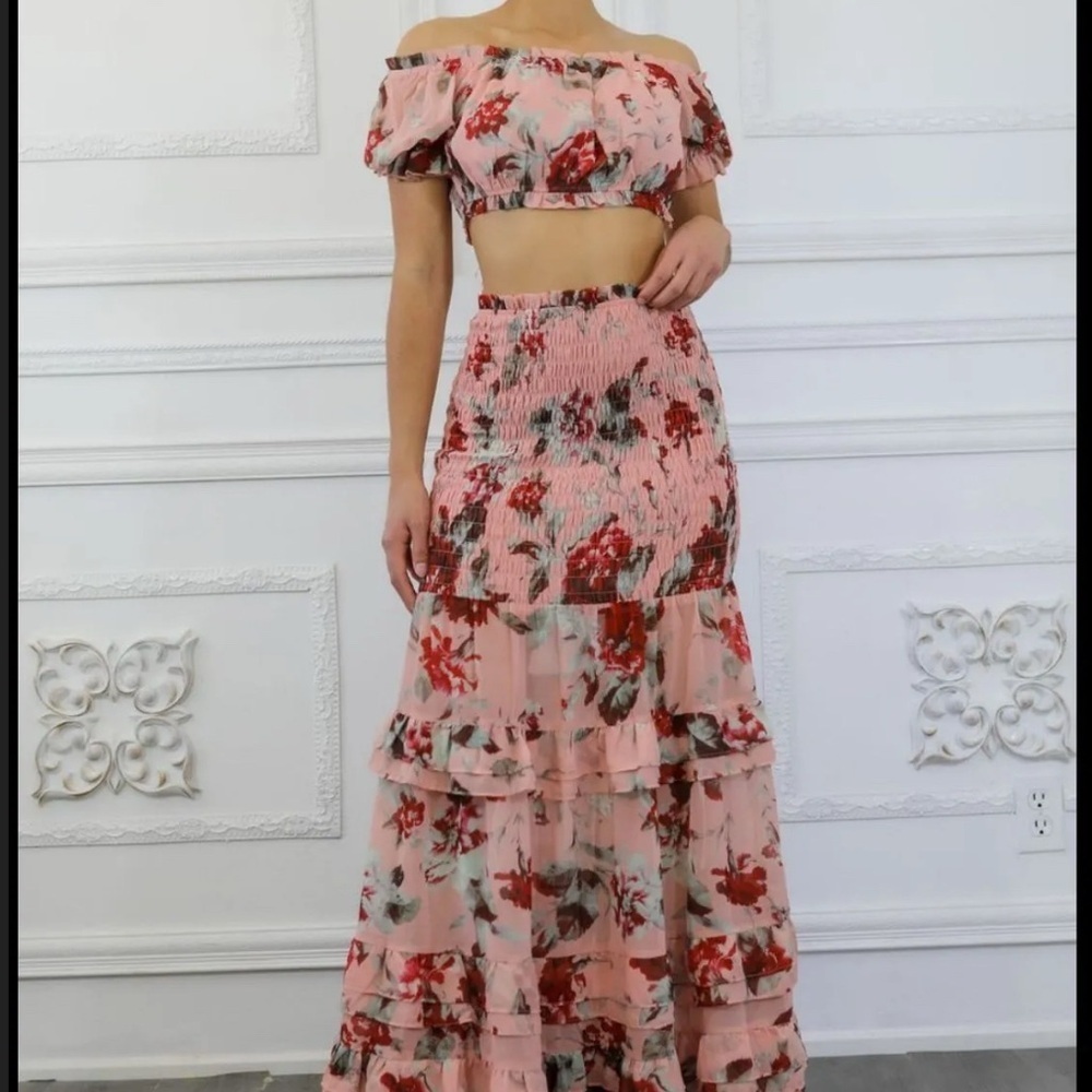 Pink Ruffled Maxi Skirt Set for Cocktail - Picture 1 of 3